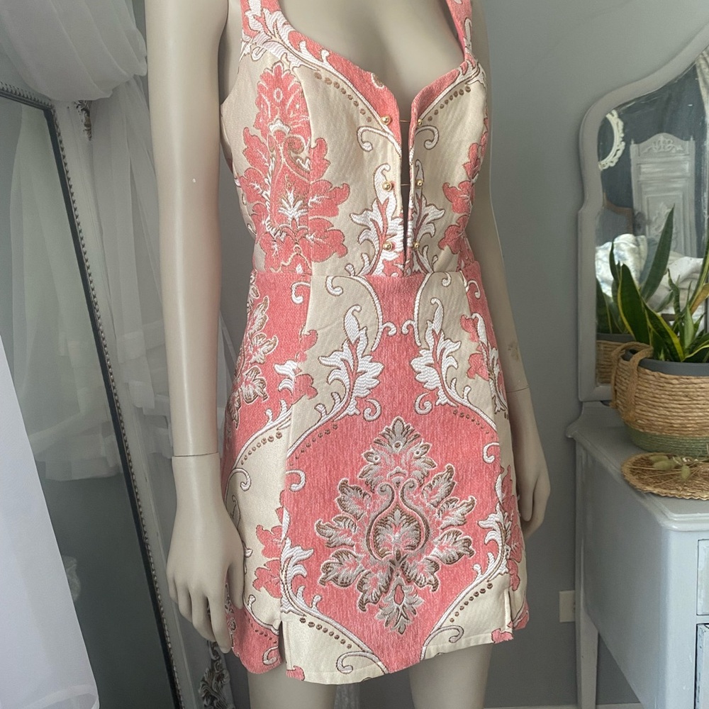 For Love and Lemons Pink and Cream brocade tapestry Mini Dress gold hardware